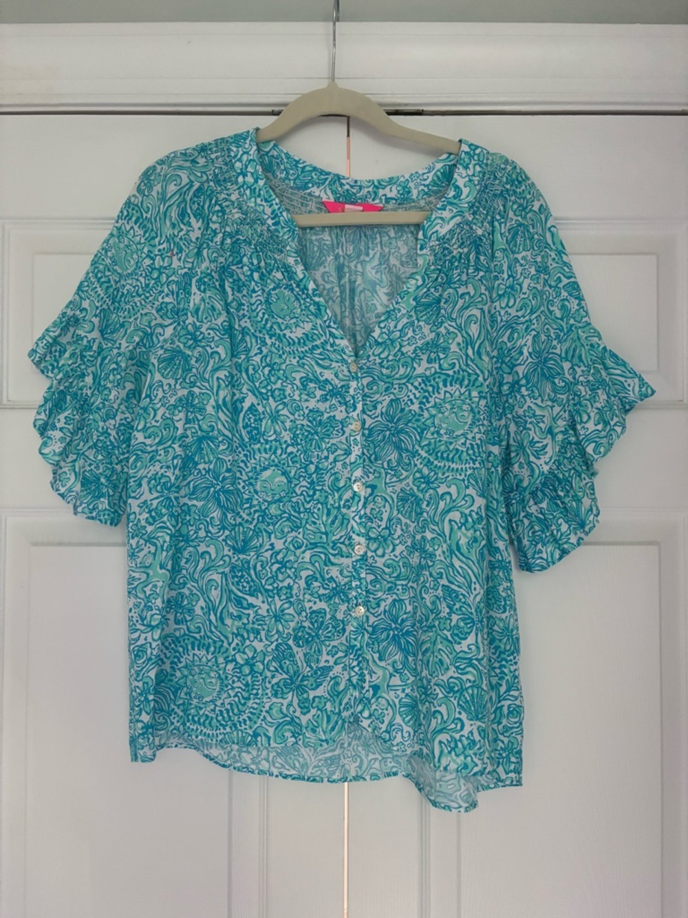 Lilly Pulitzer Teal & White Floral V-Neck Ruffle Sleeve Blouse